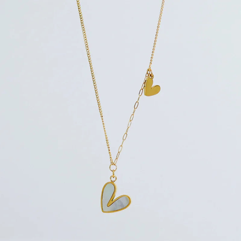 Stainless Steel White Shell Heart Pendant Necklace for Women Dainty Simple Tender Clavicle Chain Jewelry Gift