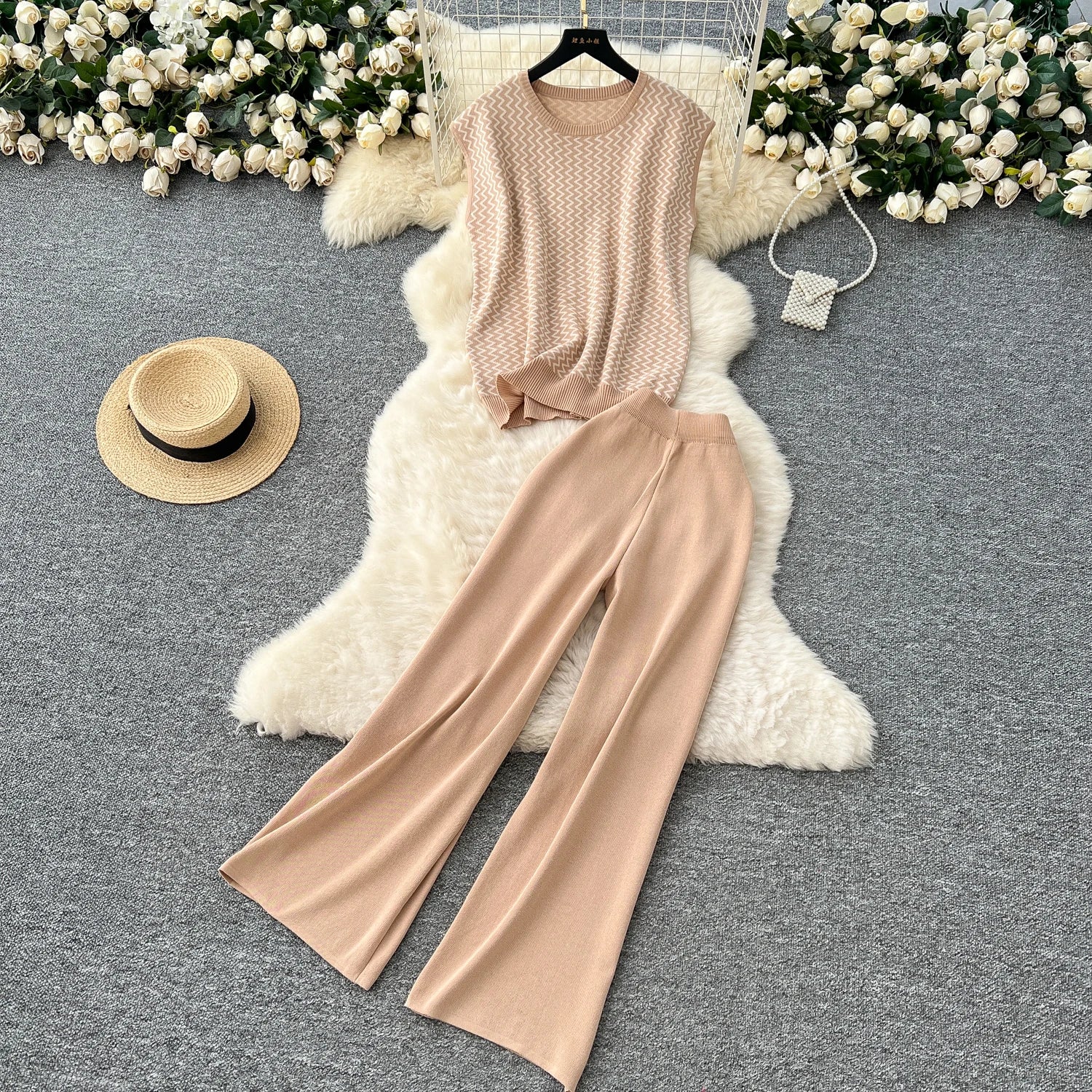 SINGREINY Korean Fashion Summer Sets O Neck Sleeveless Stripe Knitting Tops+Elastic Waist Basic Long Pants Casual Female Suits - Aurex