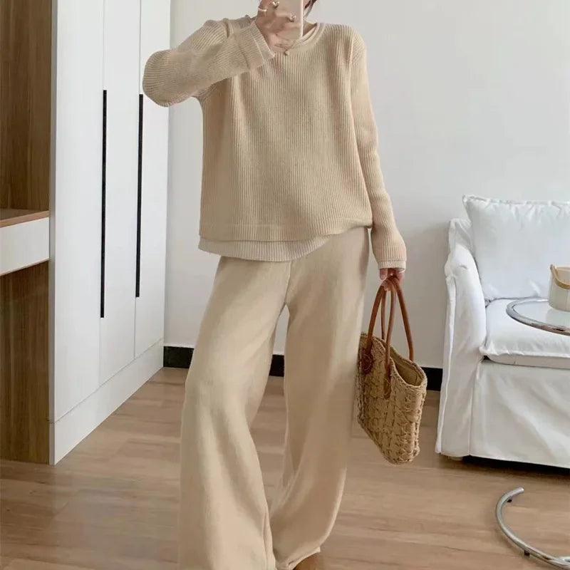 Knitted Two-Piece Pullover Sweater & Wide-Leg Pants Set – Modest Casual Knitwear Tracksuit - Aurex