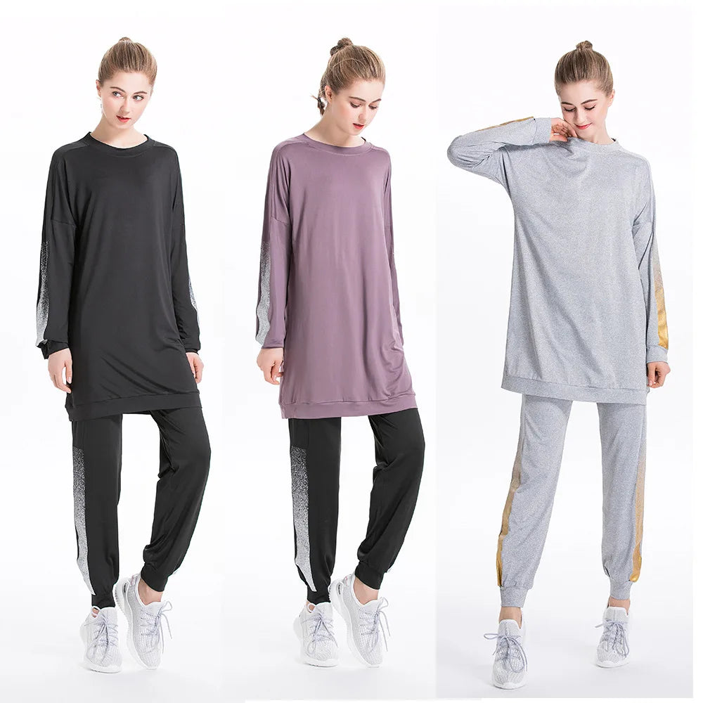 Muslim Tracksuit Islamic Muslim Sportswear Set for Women Color Block Round Neck Sweatshirt Muslimah Sport Ensembles Musulmans - Aurex