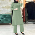 Arab Women Eid Muslim Two Pieces Set Blouse & Wide Leg Pant Musulman Ensemble Belt Single Button Shirt Ramadan Modest Clothing - Aurex