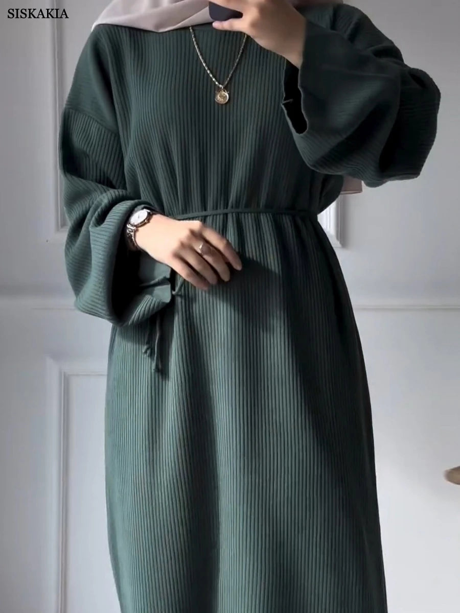 Siskakia Ramadan Morocco Solid Knitting Abayas Dubai Elegant Casual Dress Loose Stylish Women Clothes