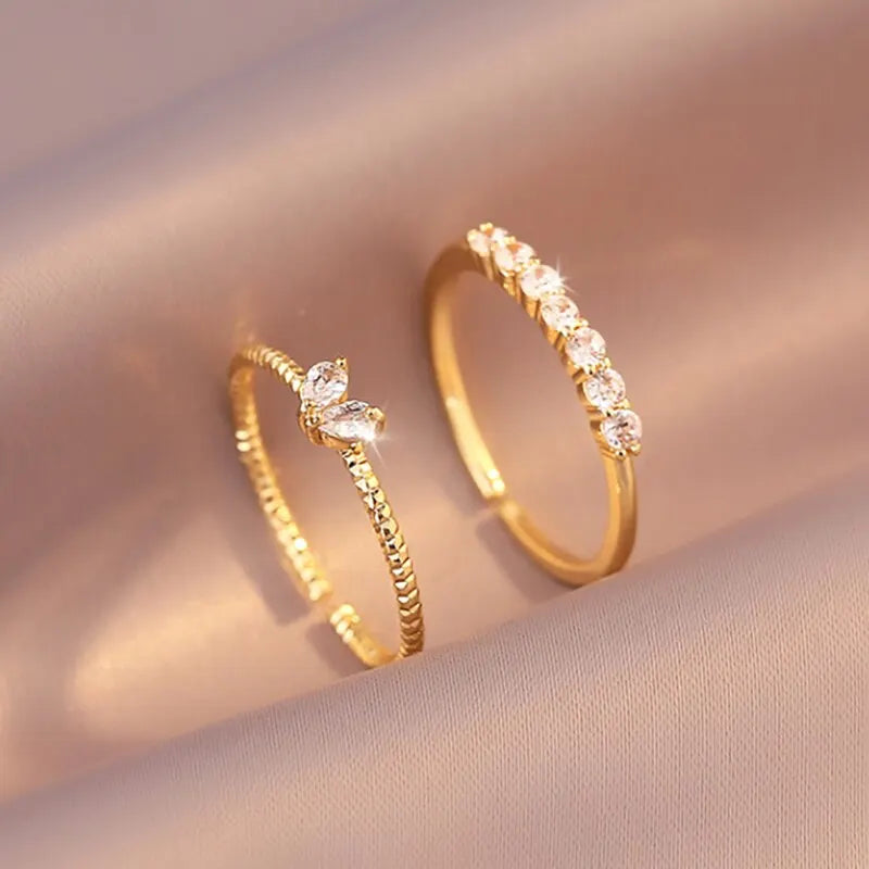 2pcs Trendy Gold Color Heart Zircon Rings Set For Women Luxury Fashion Elegant Twist Rings 2023 New Gifts And Party Jewelry