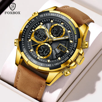 LIGE FOXBOX Fashion Luxury Electronic Man Watch Leather Strap Alarm Date Digital Men's Watches Waterproof Luminous Stopwatch+Box