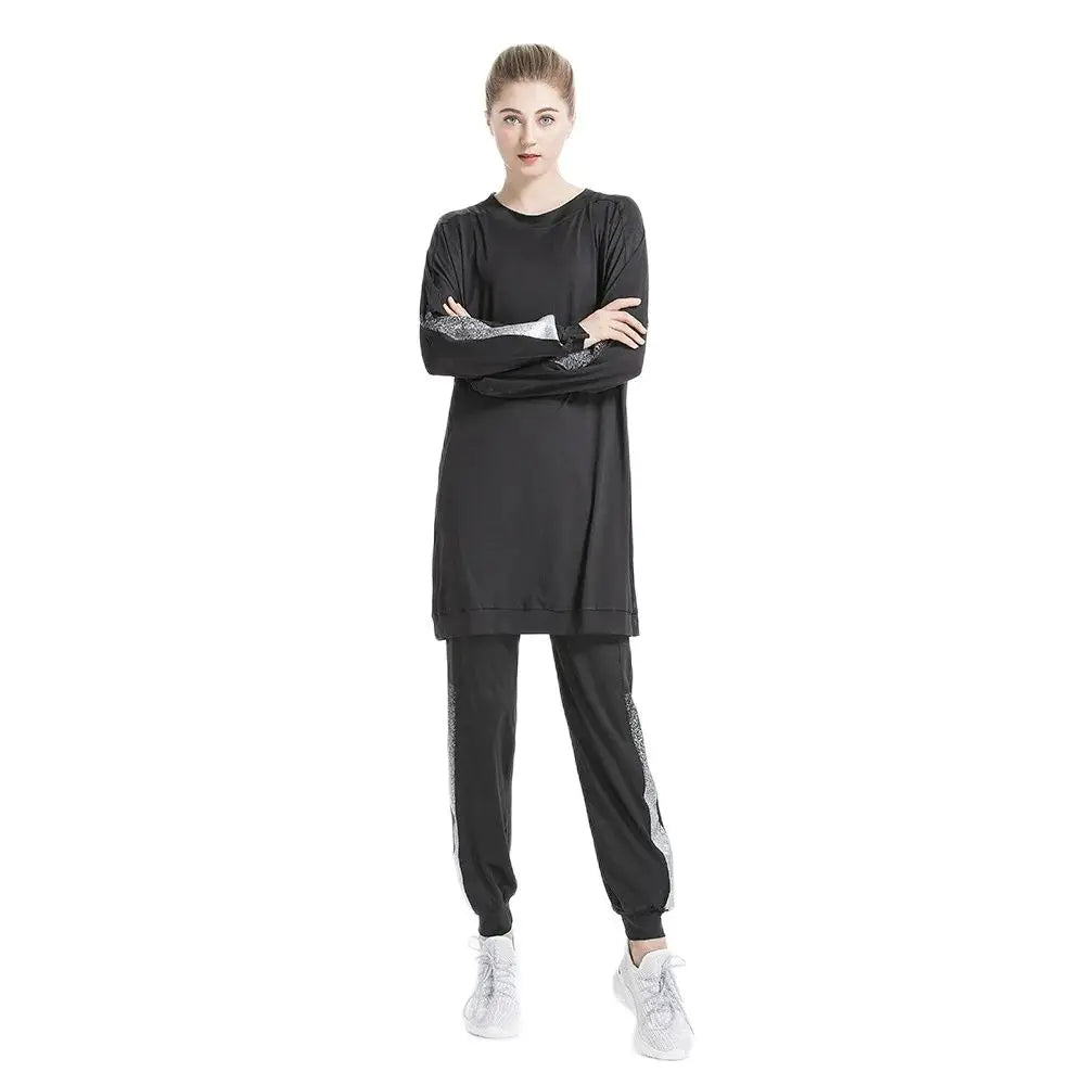 Muslim Tracksuit Islamic Muslim Sportswear Set for Women Color Block Round Neck Sweatshirt Muslimah Sport Ensembles Musulmans - Aurex