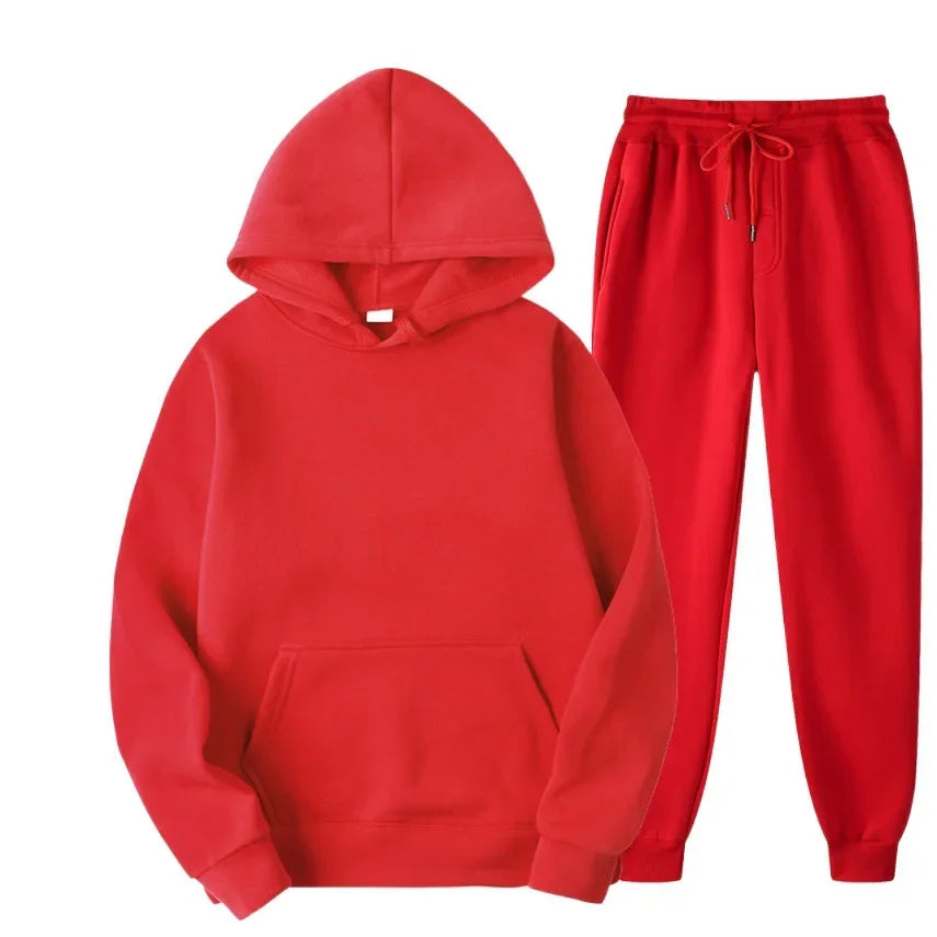 New men's and women's sportswear hoodie casual solid color thick pullover and pants two-piece set autumn and winter jogging suit - Aurex