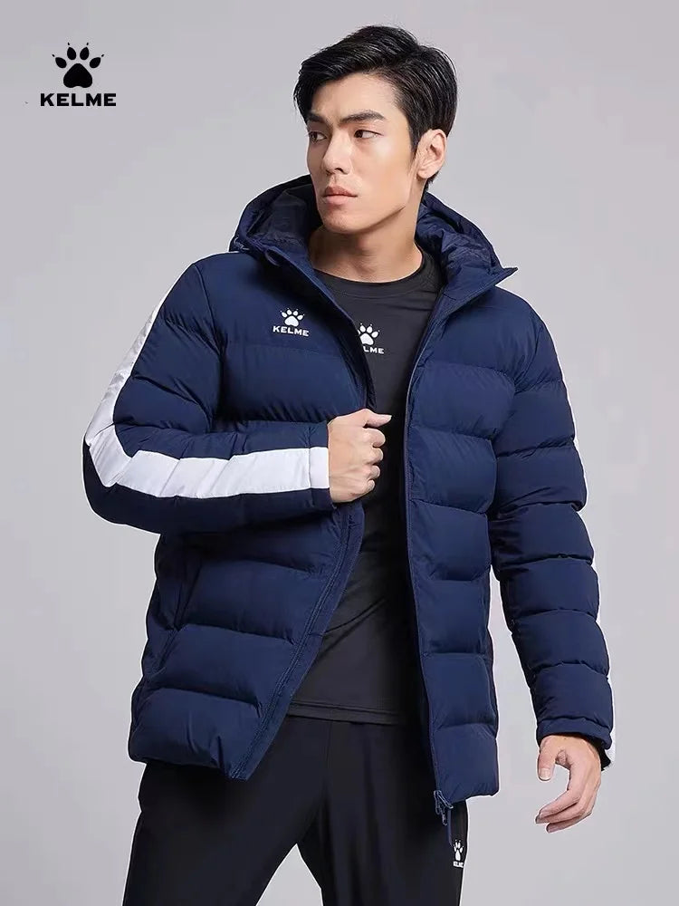 KELME Winter Men's Cotton Jacket Hooded Short Warm Coat Training Sports Team Uniform Women Padded Outwear 8261MF1013