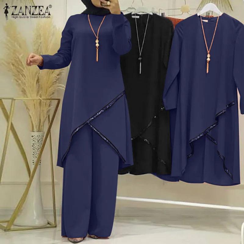 ZANZEA 2PCS Women Muslim Sets Fashion Sequins Islamic Clothing Loose Matching Sets Tracksuit Long Sleeve Blouse Abaya Suits - Aurex