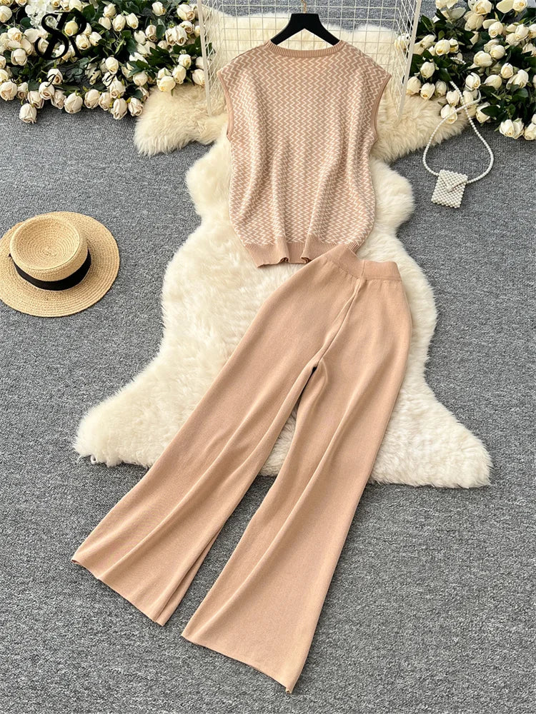 SINGREINY Korean Fashion Summer Sets O Neck Sleeveless Stripe Knitting Tops+Elastic Waist Basic Long Pants Casual Female Suits - Aurex