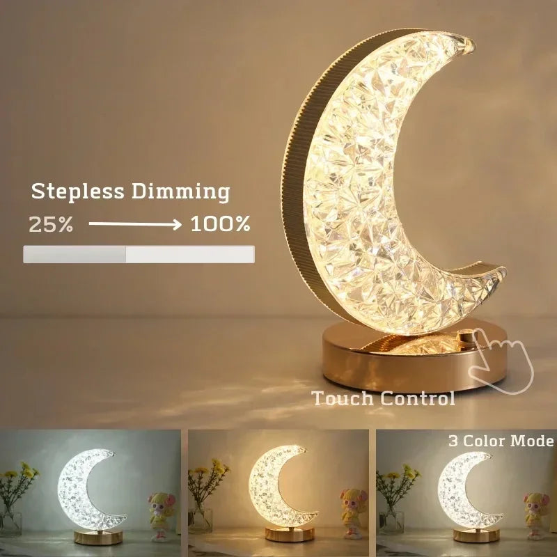 KDULIT Bedroom Crystal Touch Dimming Night Light Girls Room Home Decor Aesthetics USB Bedside LED Ambient Table 3d Moon Lamp