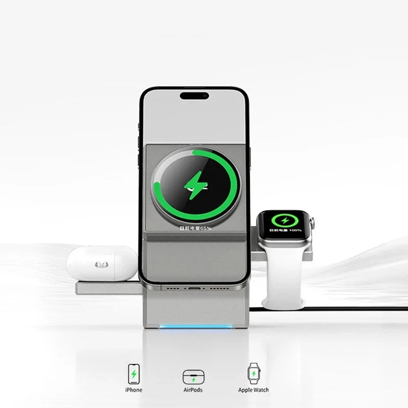 15W Qi2 3 In 1 Magsafe Magnetic Autorotation Quick Wireless Charger For Android iPhone iWatch Airpods Fast Charging Dock Station