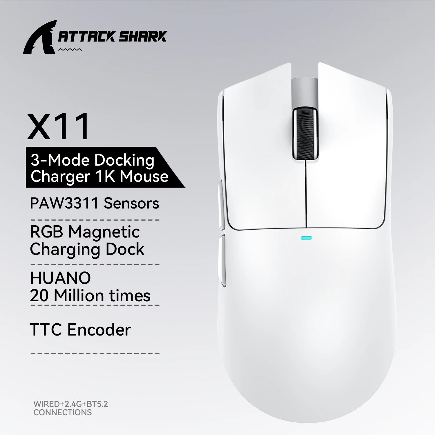 Attack Shark X11 PAW3311 22KDPI 400IPS  Wireless Mouse ,Tri-Mode Connection 2.4GHz/Wired/Bluetooth RGB  PC Gaming Mouse