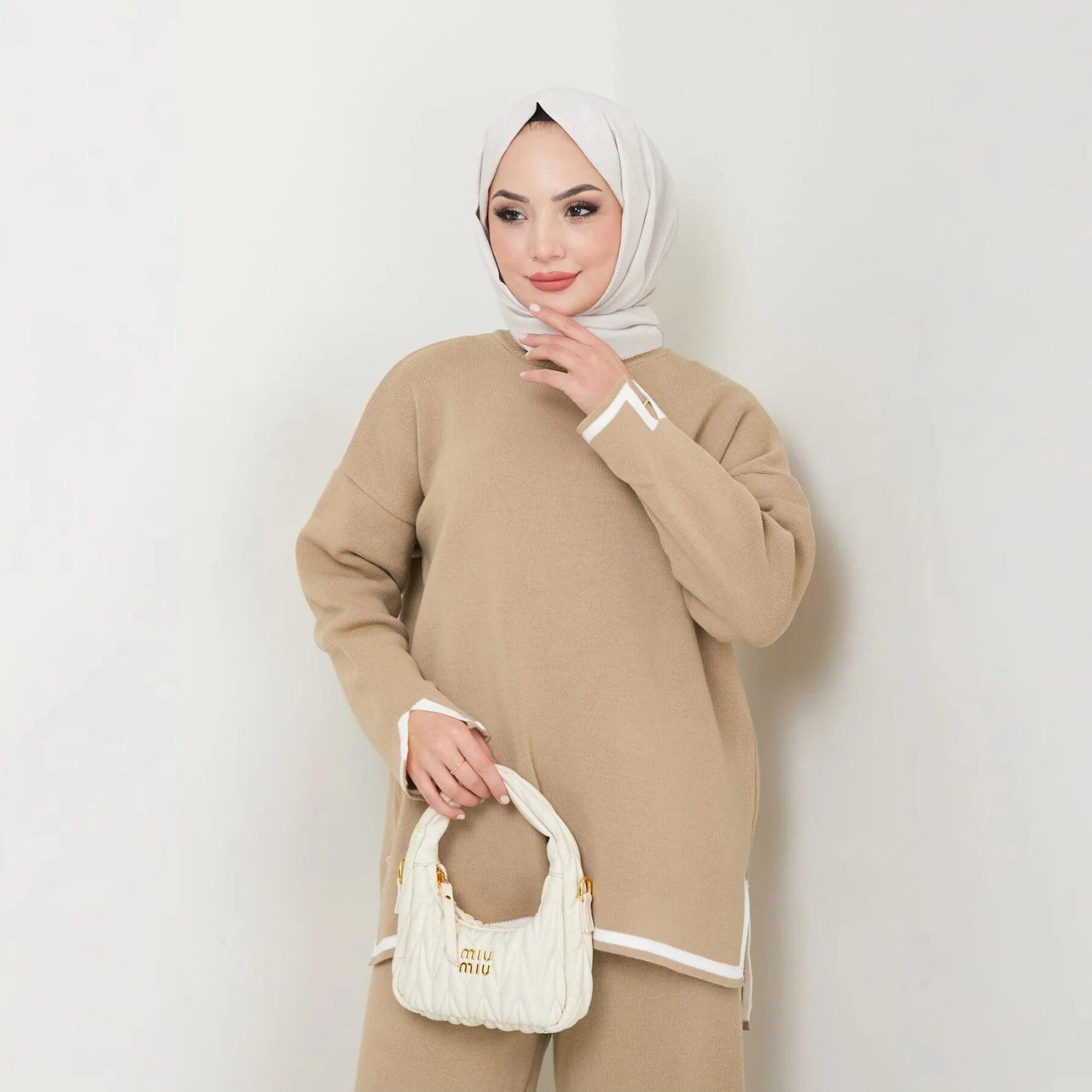 2Pcs Ramadan Eid Abaya Women Muslim Knitted Sweater Tops Pants Set Turkey Arab Islamic Clothing Dubai Modest Kaftan Outfits Suit - Aurex