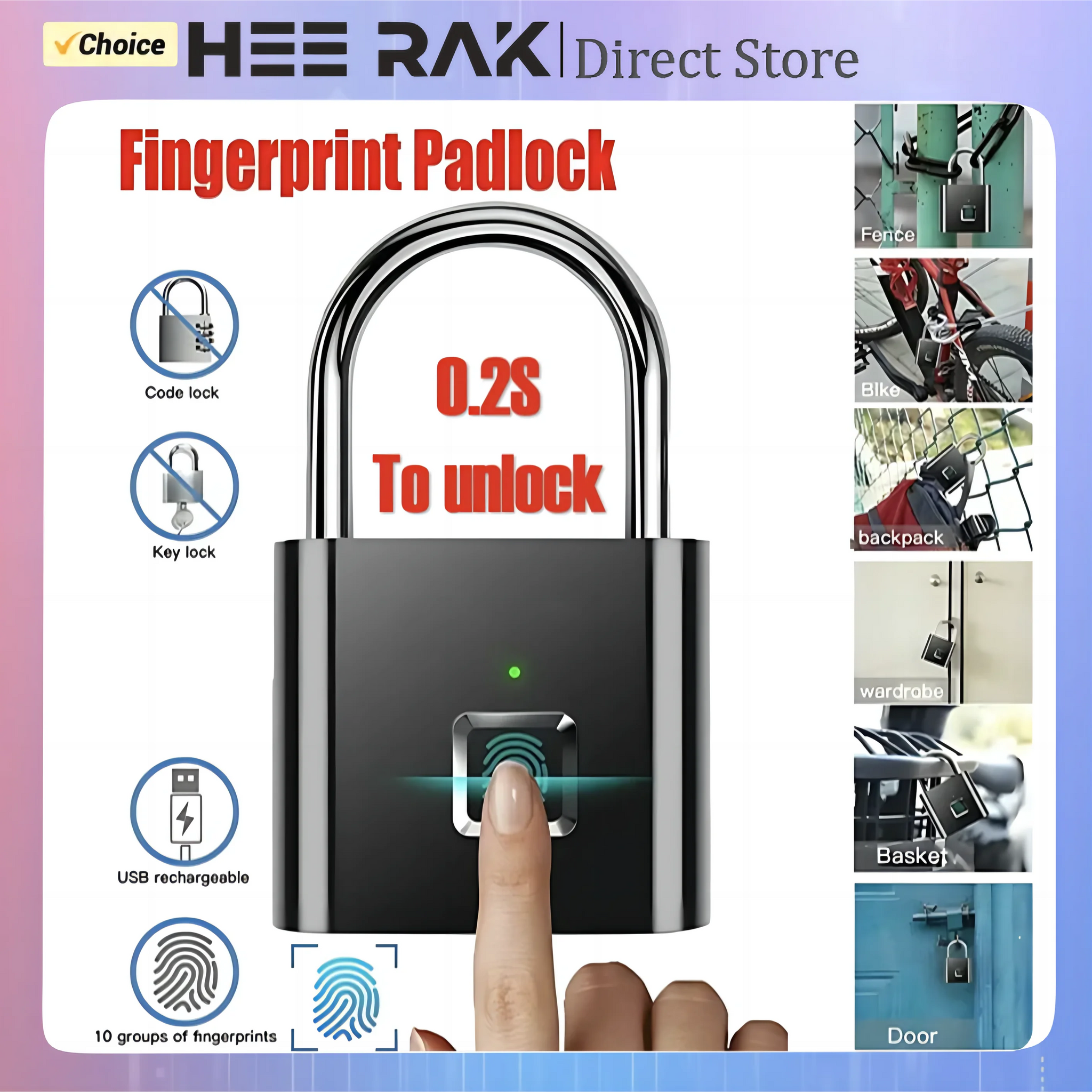 Fingerprint Lock Keyless Waterproof Anti-Theft Smart Lock Fingerprint Padlock Zinc Alloy Intelligent Safety Electronic DoorLock