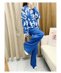 Women Knitting Three Piece Set Letter Print Pullover Sweater Scarf Wide Leg Pants Suit Morocco Ensemble Muslim Knit Tracksuit - Aurex