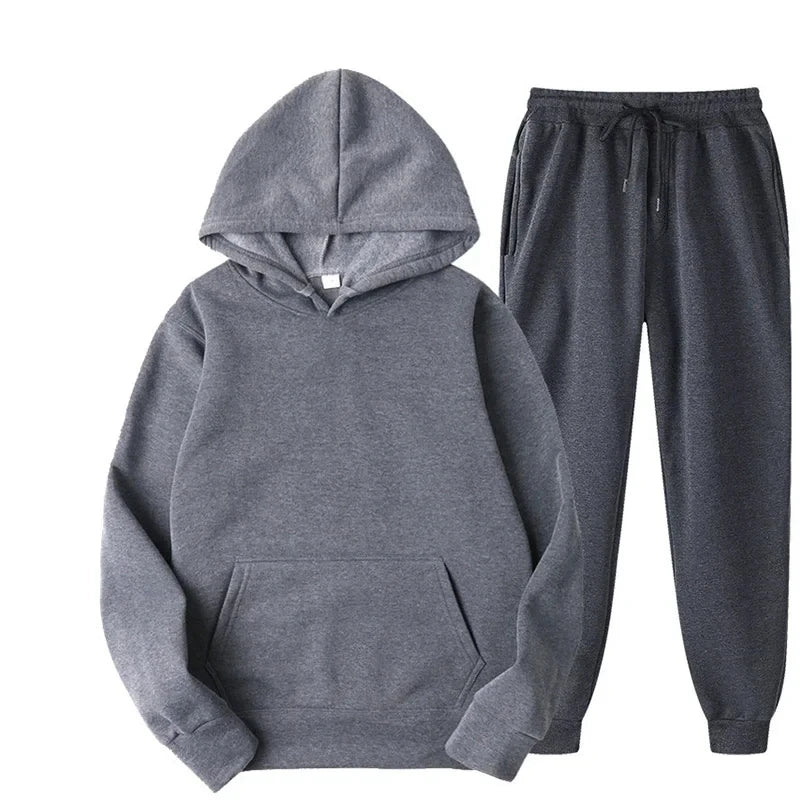 New Men Women Tracksuit Hoodies Casual Solid Color Thick Pullover and Long Pant 2-piece Set Men Autumn Fleece Jogger Sports Suit - Aurex