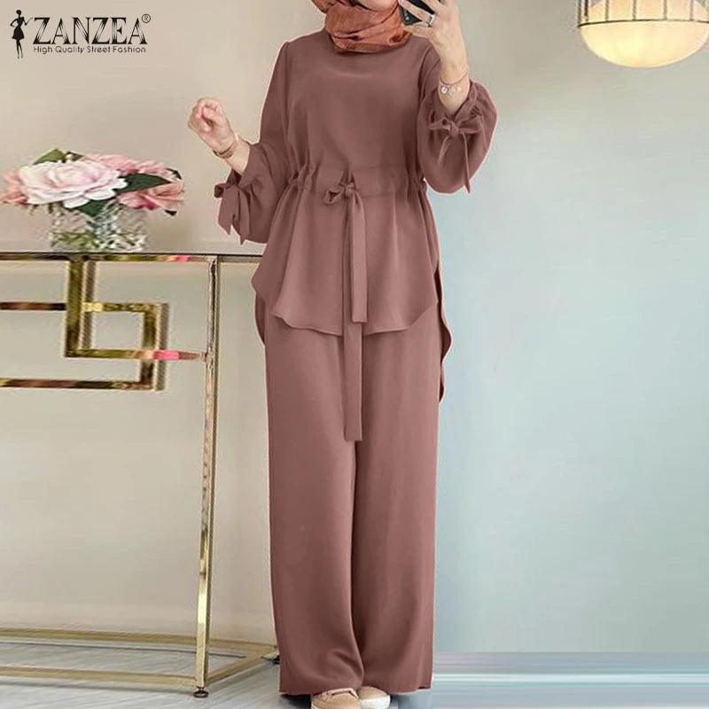 Muslim Women Matching Sets Long Sleeve Solid Color Tops And Loose Pant Suits Elegant Fashion Casual Tracksuit Kaftan - Aurex