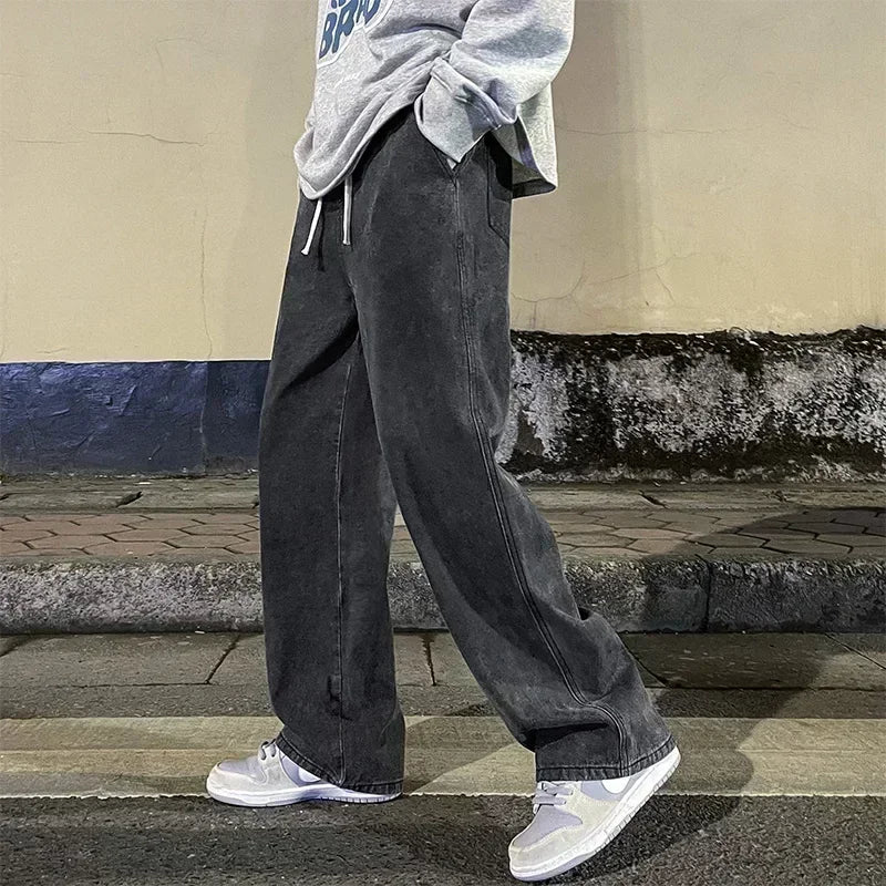 2025 New Streetwear Loose Jeans Men Korean Style Fashion Loose Straight Wide Leg Pants Men's Brand Clothing Black Light Blue