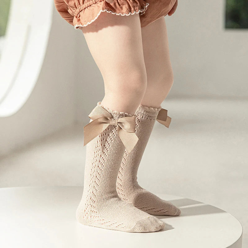 2023 New Kids Knee High Socks Baby Girls Boys Bow Long Sock Soft Cotton Mesh Breathable Children Hollow Out Socken For 0-7 Years