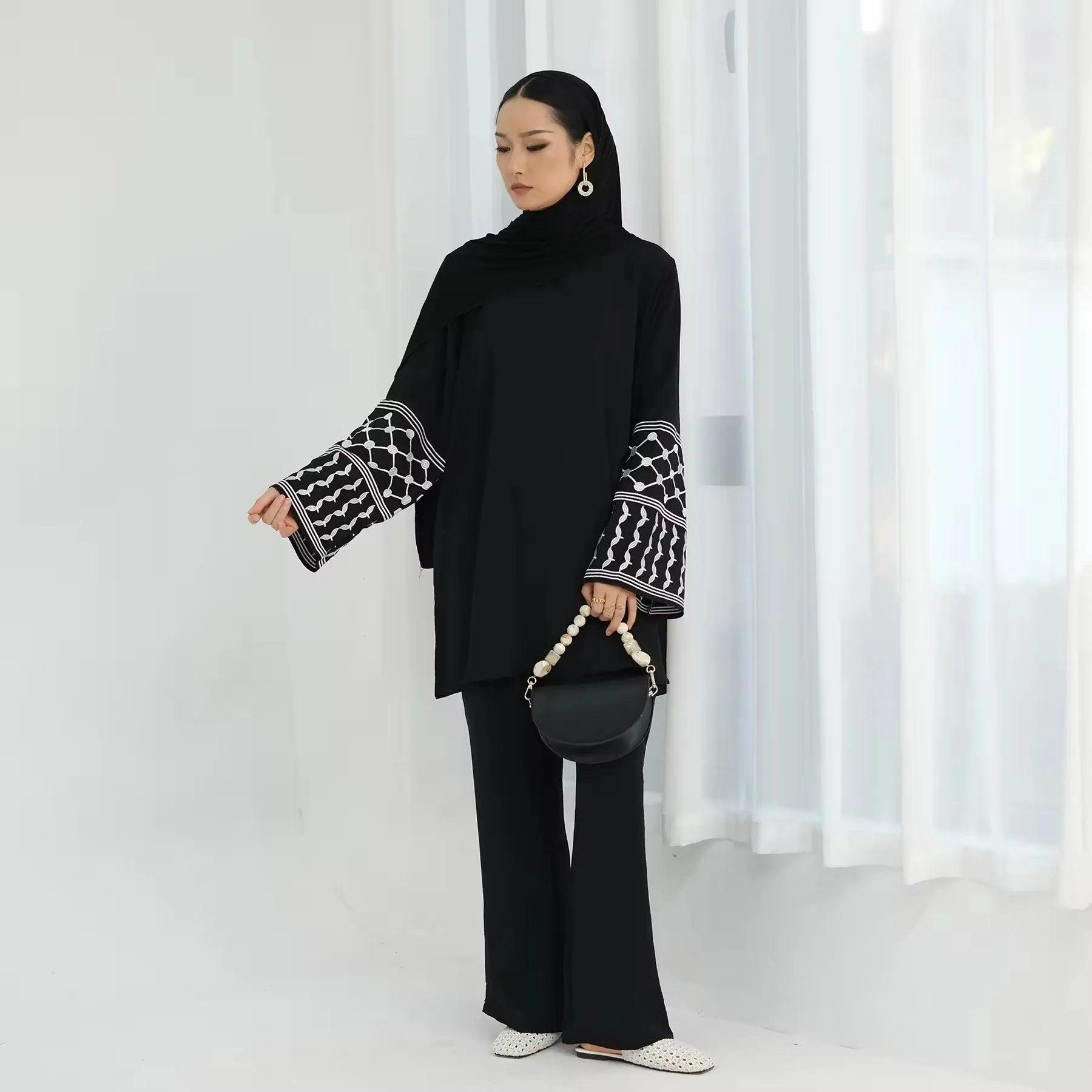 2Pieces Ramadan Eid Djellaba Suits Abaya Dubai  Embroidery Shirt + Pants Muslim Sets Abaya Dubai Muslim Islam Abayas WY2060 - Aurex