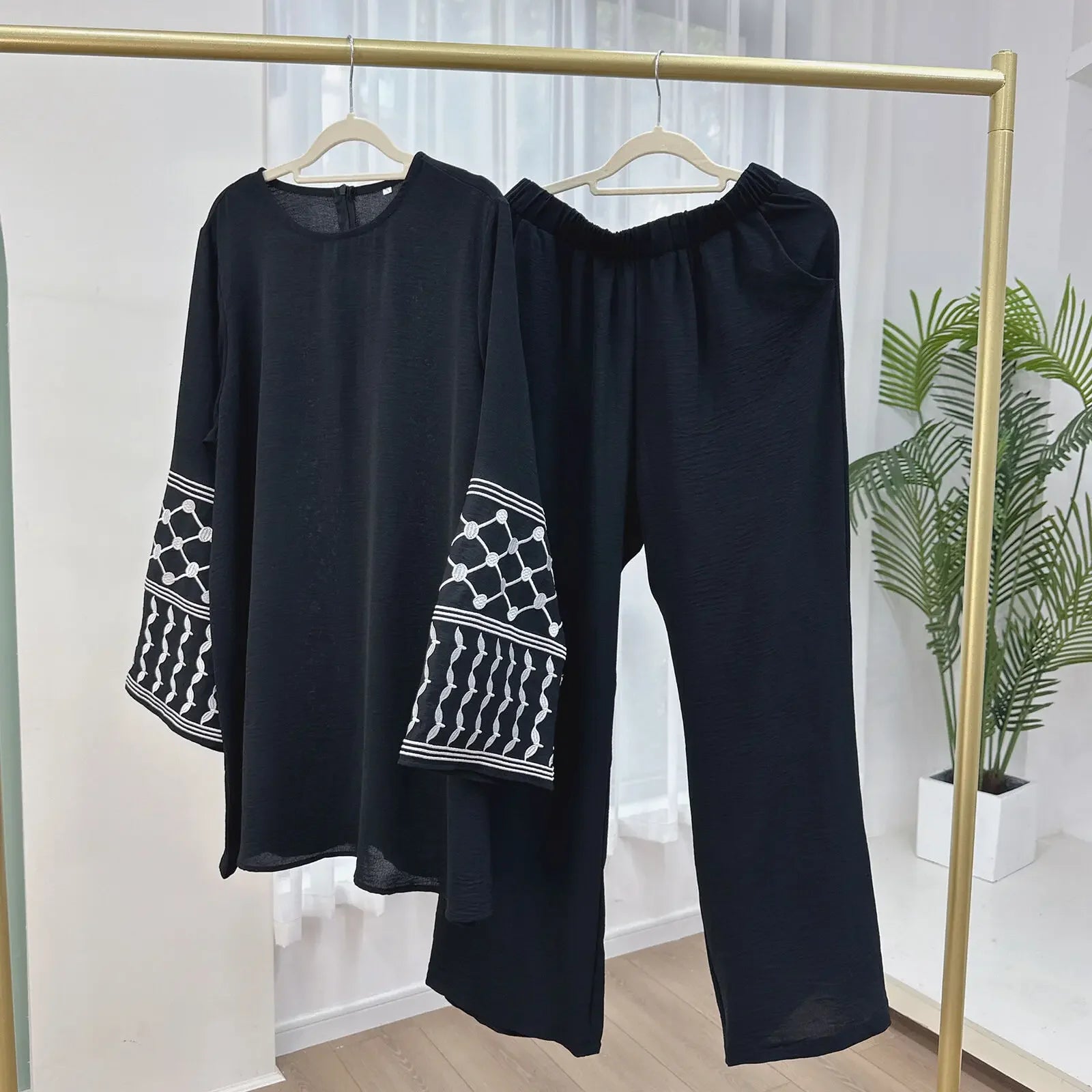 2Piece Abaya Sets Turkey Clothing Dubai Islamic Casual Wear Tracksuit Arabic Fashion Outfits Muslim Women Embroidery Tops Pants - Aurex