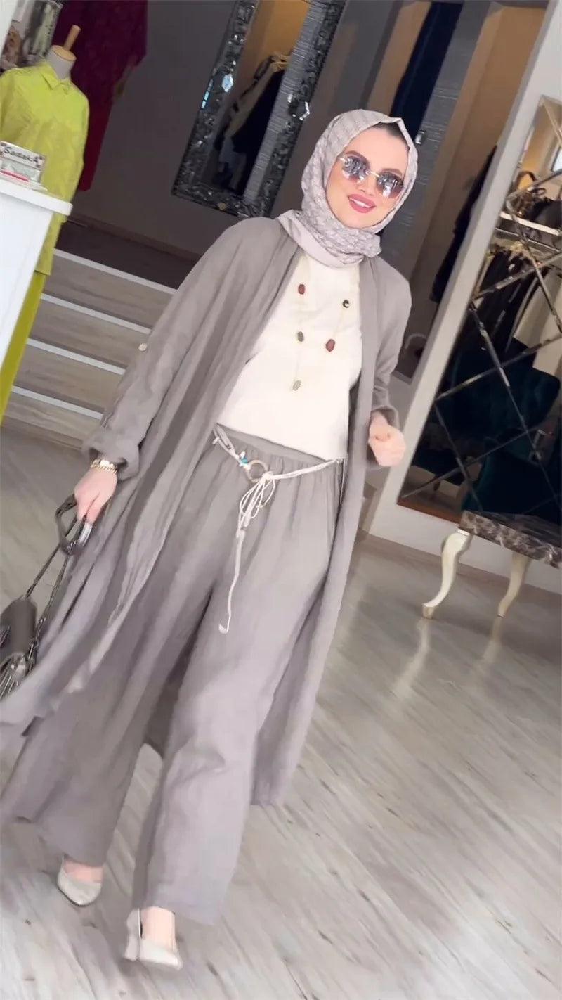 Eid Muslim Women Blouse Two Piece Set Abaya Long Shirt Wide Leg Pant Suits Ramadan Arabic Dubai Modest Musulman Ensembles - Aurex