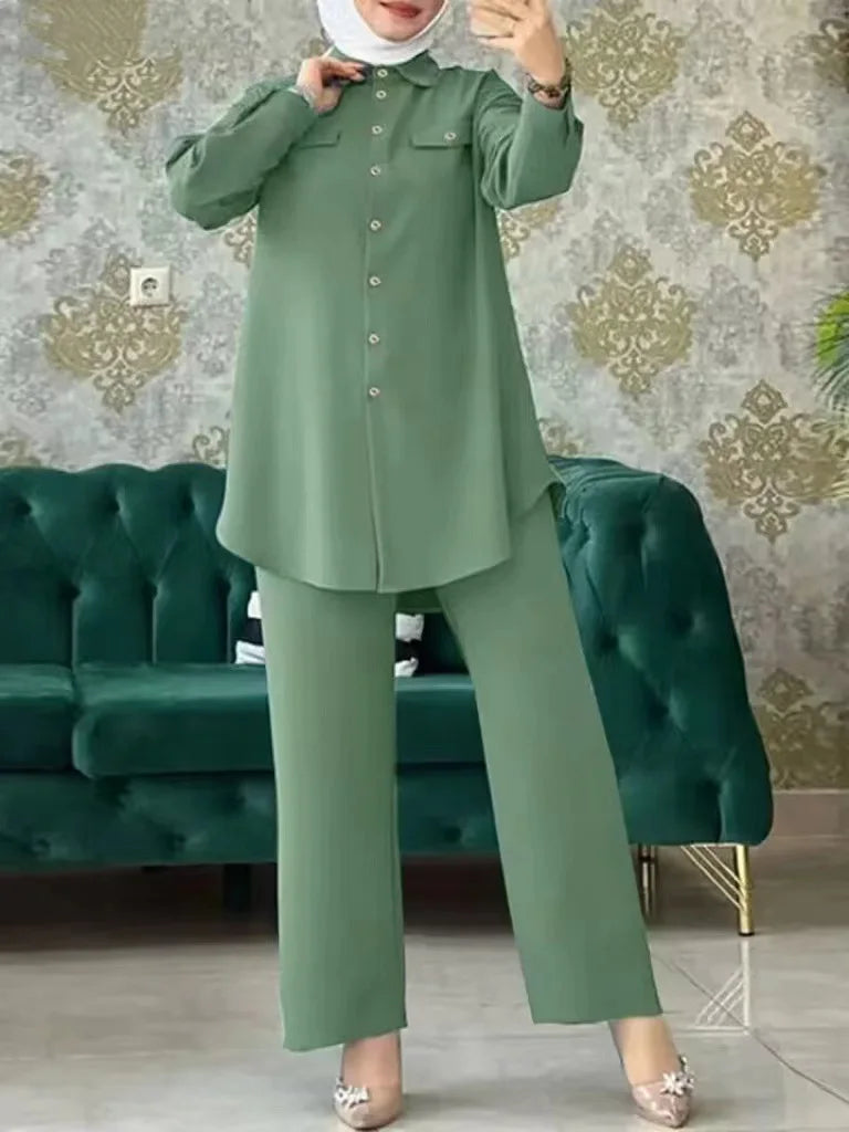 Elegant Full Sleeve Shirts and Wide Leg Pants Set for Women, Urban Tracksuits, Elegant Pant Sets, Turkish Blouse, Arab Fashion - Aurex