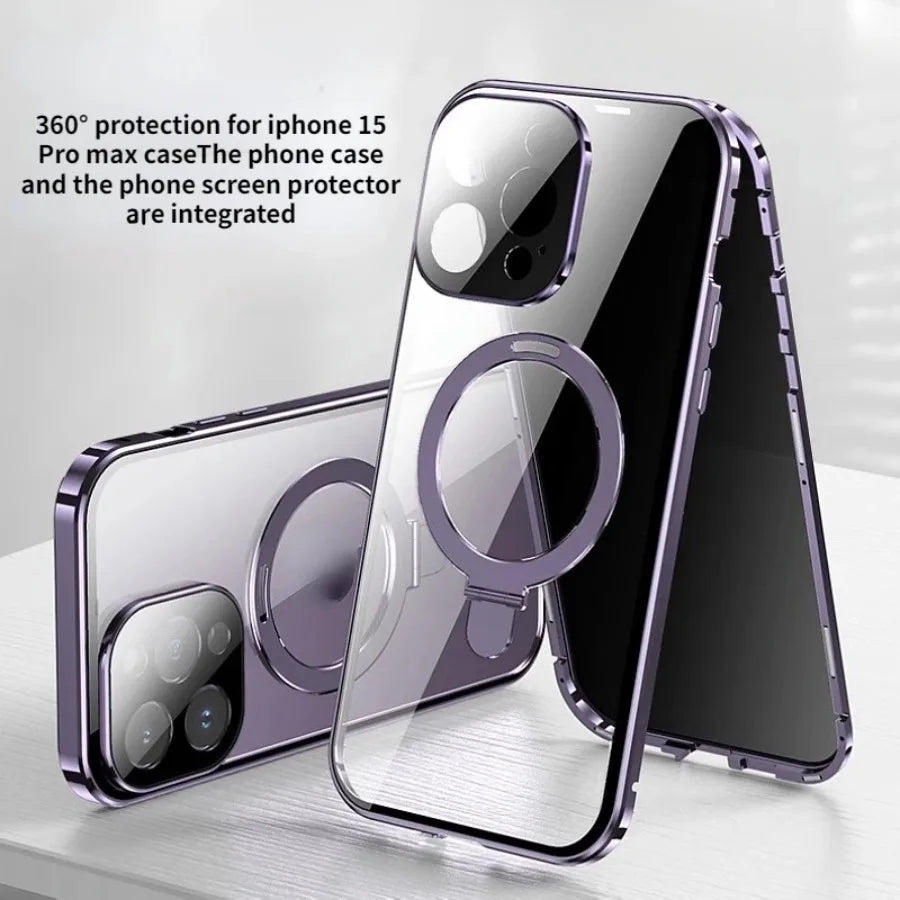 For iPhone 16 15 14 13 Pro Max Anti-Peeping Privacy Screen Metal Bumper Magnetic Case Full Body Protection Cover Magsafe Ring