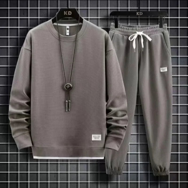 Autumn Winter New Solid Color Casual Hong Kong Style Loose-Fit Long Sleeve Top Sports Suit Round Neck Sweatshirt Men's Set