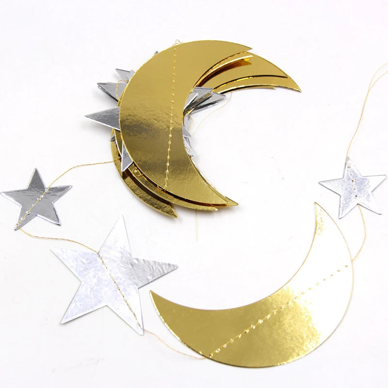 Gold Star Moon Circle Garland Party Decorations Eid Mubarak Decor Banner Islamic Muslim Festival Event Party Ramadan Kareem