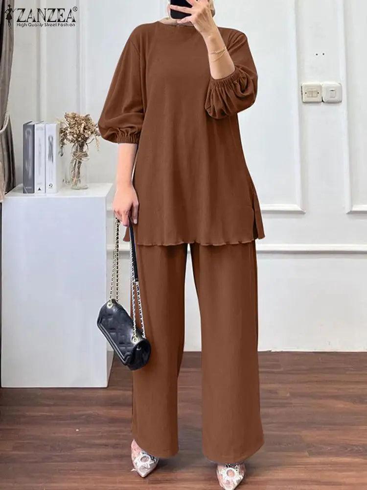 Elegant Muslim Sets ZANZEA Summer Tracksuits Women Long Sleeve Blouse Trousers Suits IsIamic Outfits Fashion Loose Matching Sets - Aurex