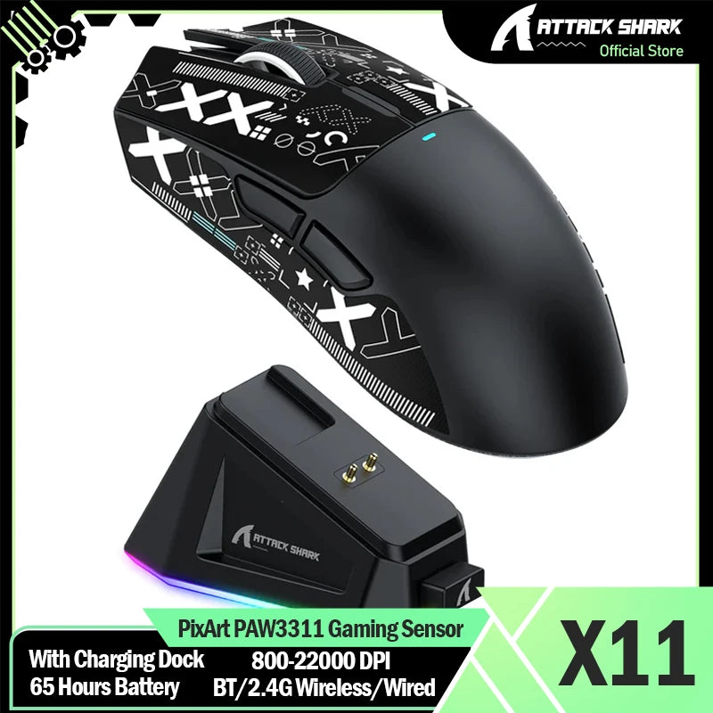 ATTACK SHARK X11 Wireless Gaming Mouse with Charging Dock PixArt PAW3311 Gaming Sensor, BT/2.4G Wireless/Wired