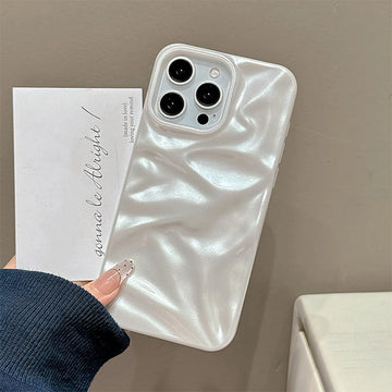 Pearl White Folds Texture Case For iPhone 16 13 14 11 12 Pro Max 15 Plus Stylish Glossy Soft TPU Phone Back Cover