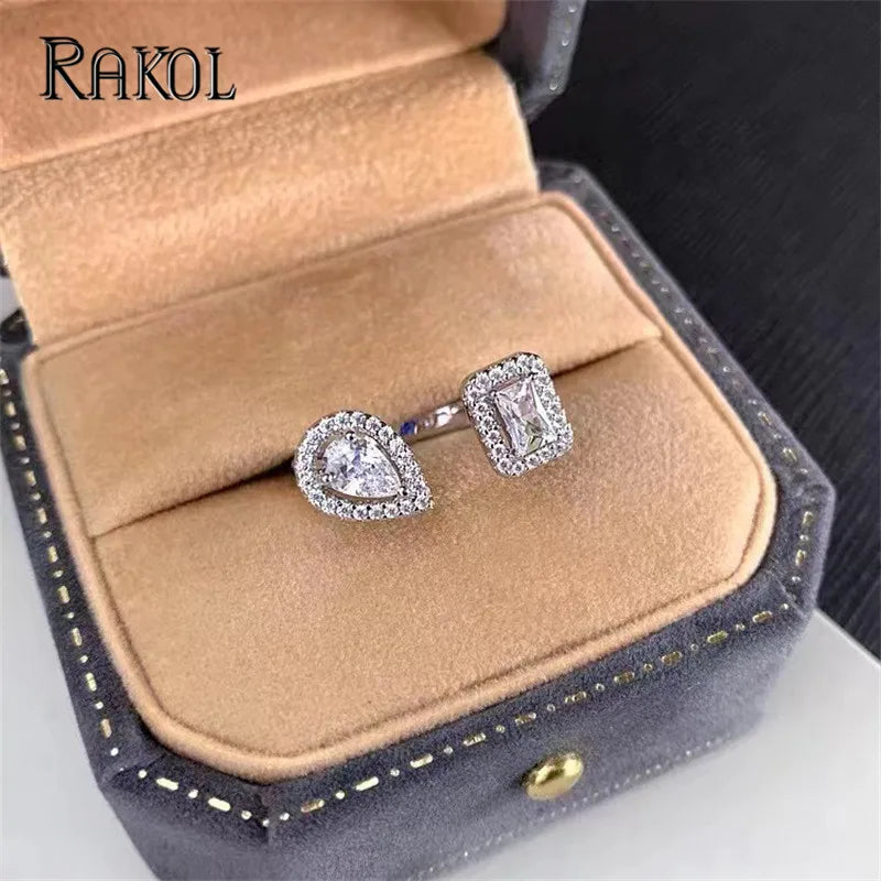 RAKOL Luxury Square Zircon Ring For Women Fashion Water Drop Finger Open Rings Wedding Party Charms Jewelry