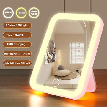 3 Colors LED Vanity Mirror with Touch Screen USB Rechargeable Dimming Makeup Mirror 3 Brightness Portable