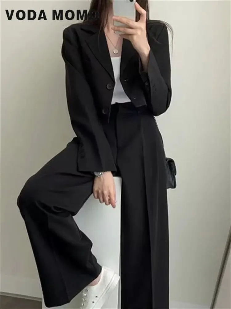 Spring Korean Casual Elegant Suits Blazer Jacket Wide Leg Trousers High Waist Pants Suits Female 2 Piece Sets Crop Top Coats - Aurex