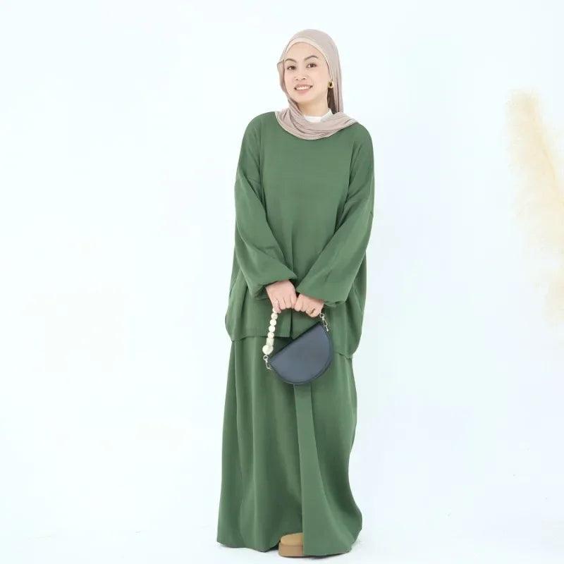 Autumn Winter Thickened Knitted Sweater Skirt Set Ramadan Modest Suits Muslim Women Solid Color 2-piece Set Warm Islam Clothing - Aurex