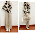 Women Knitting Three Piece Set Letter Print Pullover Sweater Scarf Wide Leg Pants Suit Morocco Ensemble Muslim Knit Tracksuit - Aurex