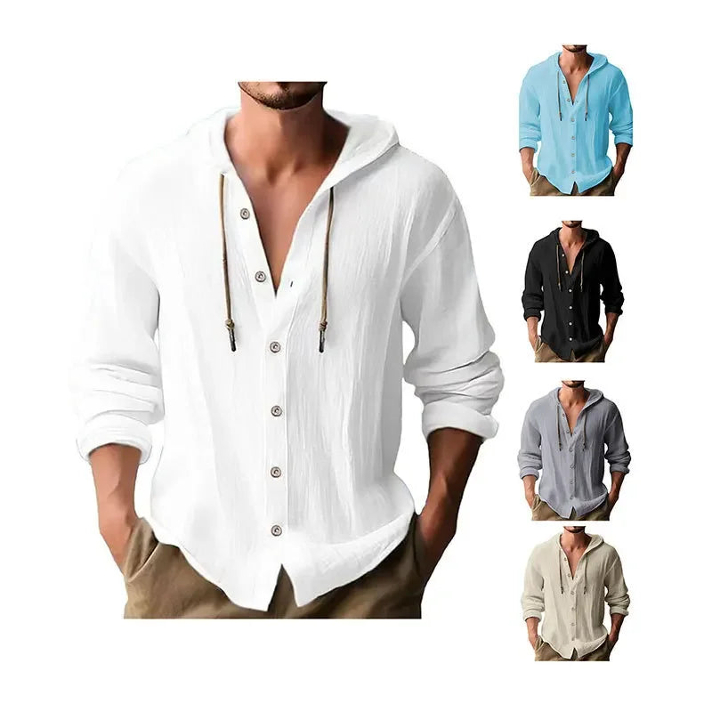 Men's Hooded T-Shirt Solid Color Cotton Linen Casual Long Sleeve Top Essentials Printed T-Shirt High Quality Man Gifts