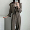 Spring Korean Casual Elegant Suits Blazer Jacket Wide Leg Trousers High Waist Pants Suits Female 2 Piece Sets Crop Top Coats - Aurex