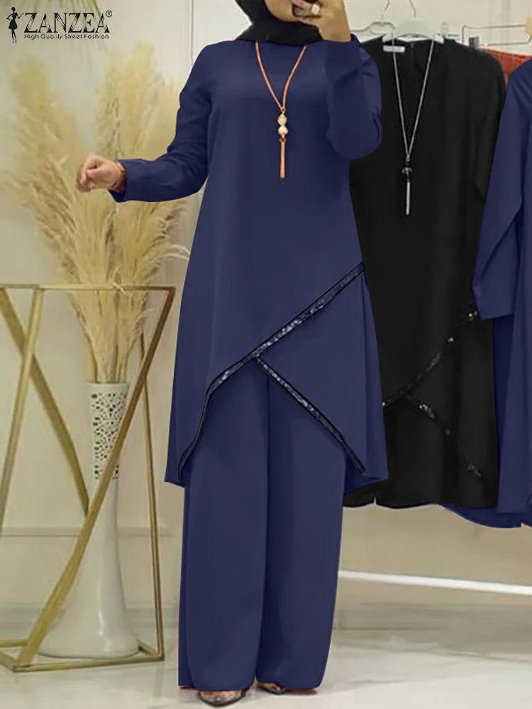 ZANZEA 2PCS Women Muslim Sets Fashion Sequins Islamic Clothing Loose Matching Sets Tracksuit Long Sleeve Blouse Abaya Suits - Aurex