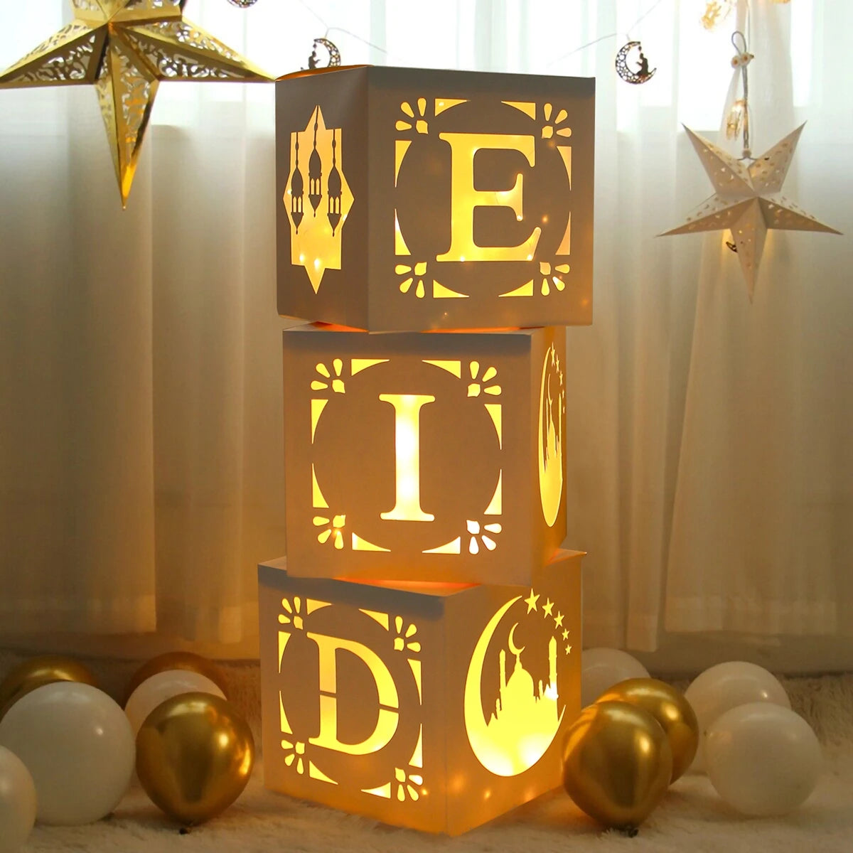 Eid Mubarak Letter Box Hollow Light String Ramadan Kareem Decoration For Home Muslim Islamic Ramadan Box Eid Al-fitr Gifts 2025