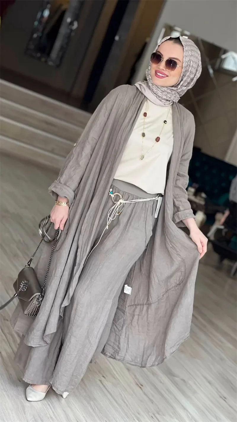 Eid Muslim Women Blouse Two Piece Set Abaya Long Shirt Wide Leg Pant Suits Ramadan Arabic Dubai Modest Musulman Ensembles - Aurex