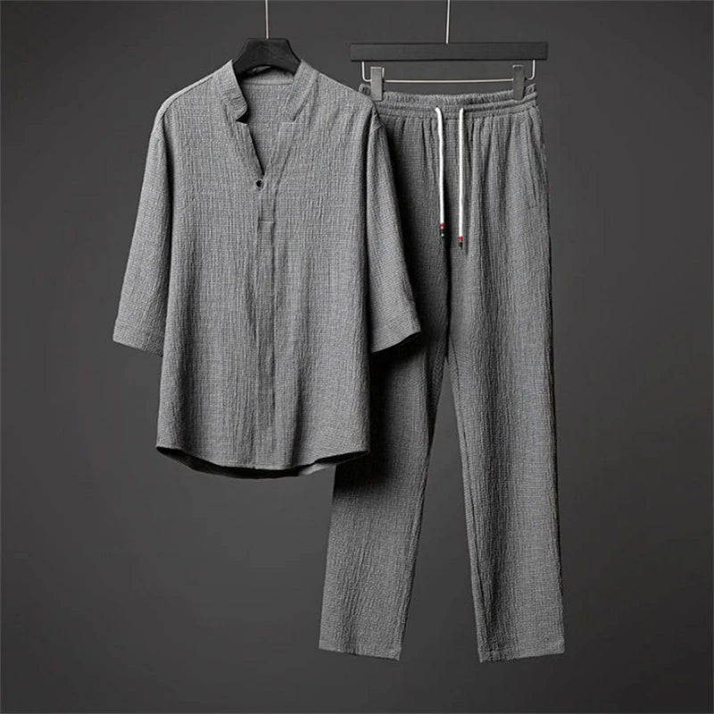 Ice Silk Linen Men's Set Spring Summer 2023 Loose Pullover Tops and Elastic Waist Trousers Sport Suits Men Two Piece Sets