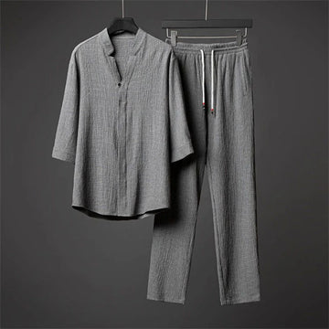 Ice Silk Linen Men's Set Spring Summer 2023 Loose Pullover Tops and Elastic Waist Trousers Sport Suits Men Two Piece Sets