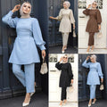 2 Piece Set for Muslim Women Long Sleeve Lace Up Tops and Pants Sets Turkey Abaya Islamic Solid Outfits Arab Kaftan Tracksuit - Aurex