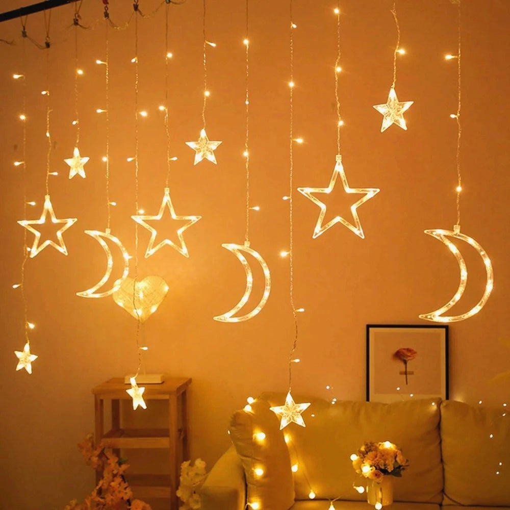 Moon Star Led Curtain Garland String Light EID Mubarak Ramadan Decoration 2025 Islamic Muslim Party Decor Mubarak Ramadan Kareem