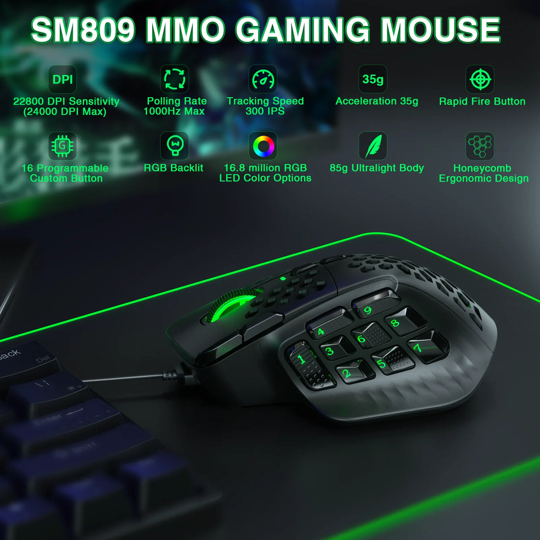 SOLAKAKA SM809 Wired Gaming Mouse Side Buttons 22800 DPI 16 Programmable MMO Macro Esports Mouse Heneycemb Ergonomic RGB Backlit