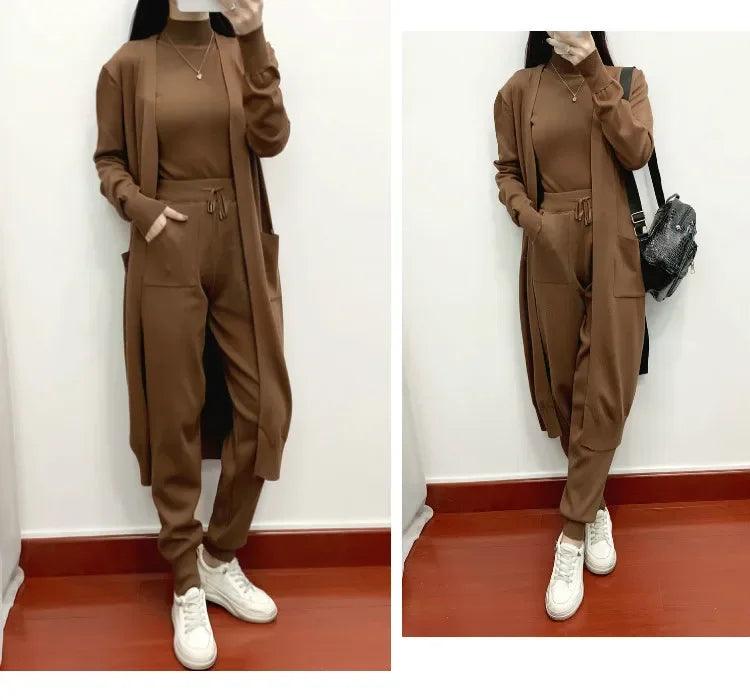 Winter Women Knitted 3 Pieces Set Casual Thicken Long Coat Dress Sweater Coat +top + Pant 3PCS Suits Warm Set Abaya 2024 - Aurex