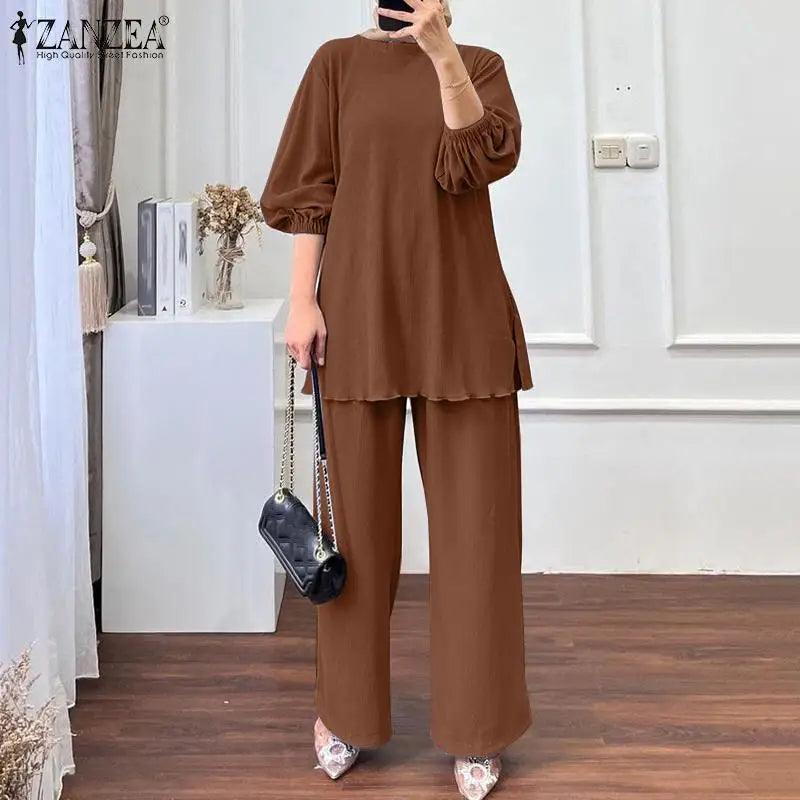 Elegant Muslim Sets ZANZEA Summer Tracksuits Women Long Sleeve Blouse Trousers Suits IsIamic Outfits Fashion Loose Matching Sets - Aurex